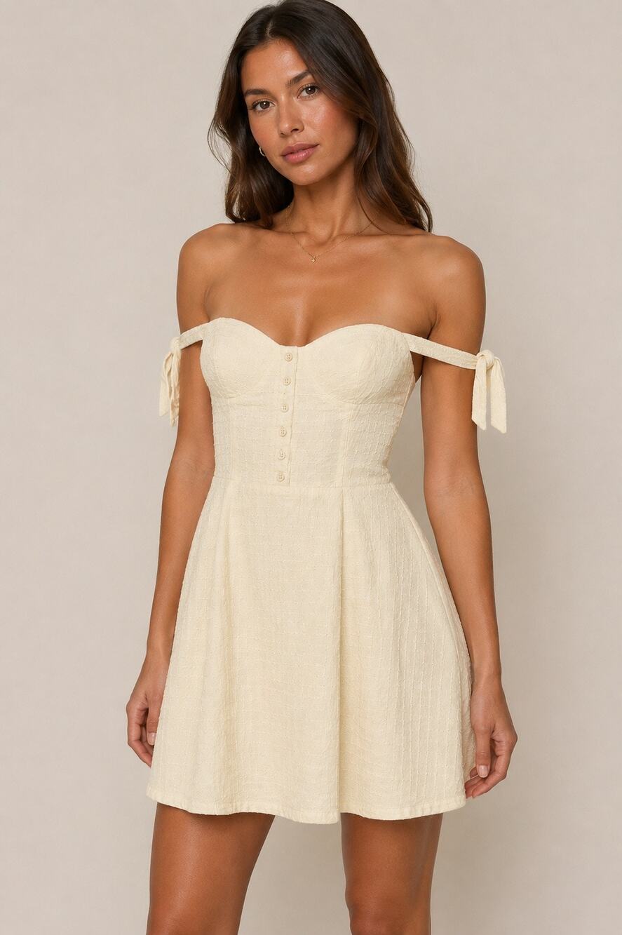 Reformation Ivory Textured Off-Shoulder Tie Strap Mini Dress Size 6